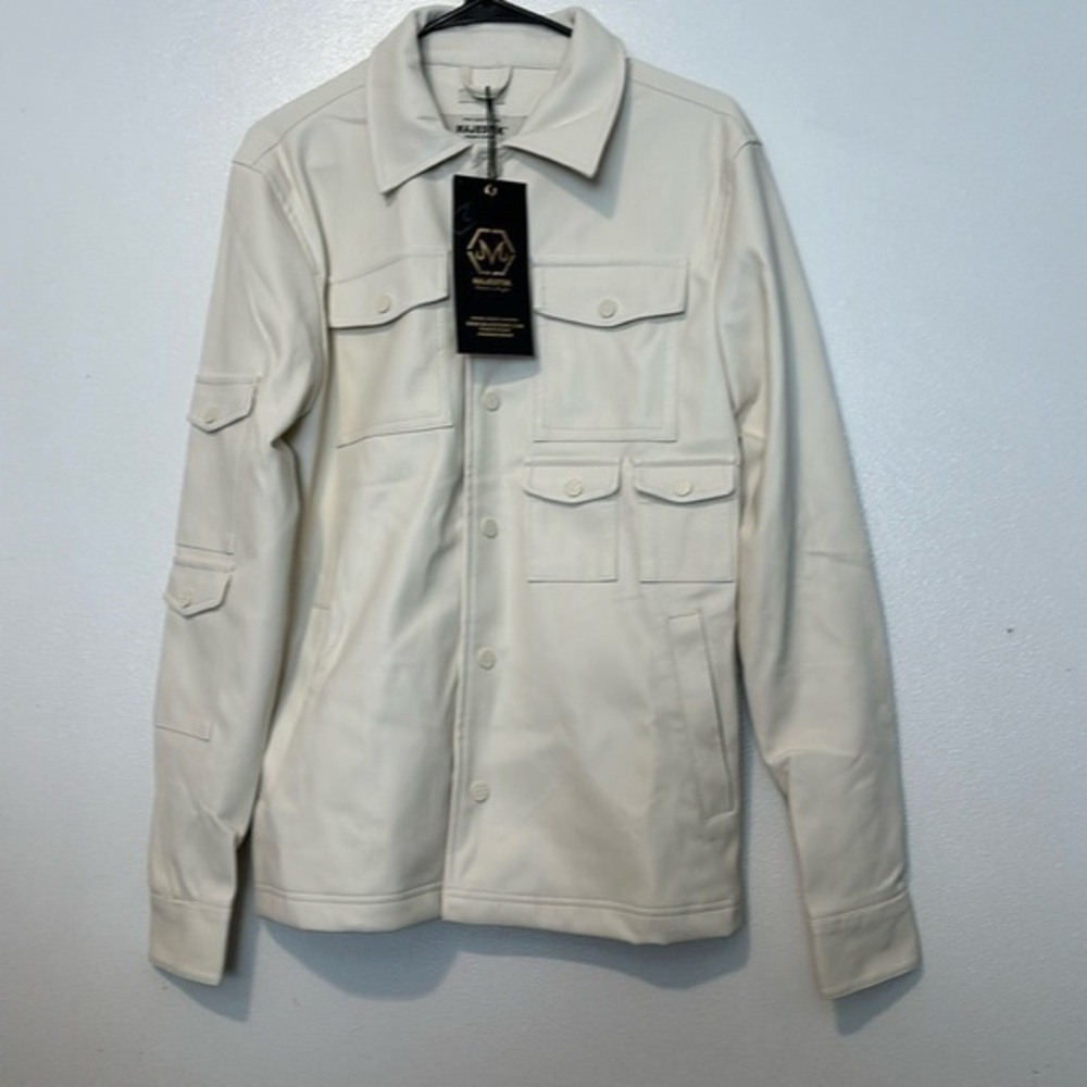 Majestik New York front snap button down cream letterman leather like jacket S